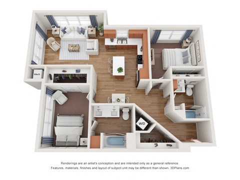Floor plan for 2 beds, 2 baths, 1079 sqft